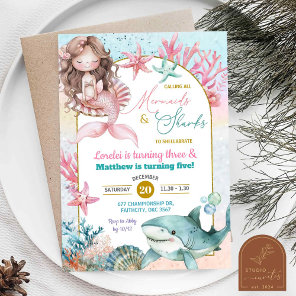 Pink Sea Mermaid and Shark Joint Birthday Girl Invitation