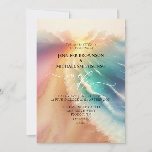 Pink Sea Ocean Beach Summer Watercolor Wedding Invitation