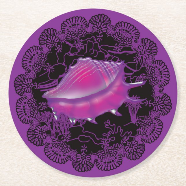 Pink sea shell round paper coaster (Front)