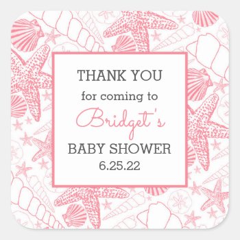 Pink Sea Shells Baby Shower Favor Thank You Square Sticker by lemontreecards at Zazzle