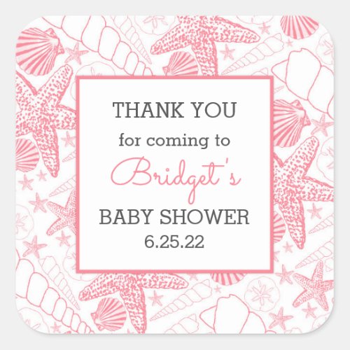 Pink Sea Shells baby shower favor thank you Square Sticker