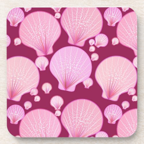 Pink sea shells on a burgundy background coaster