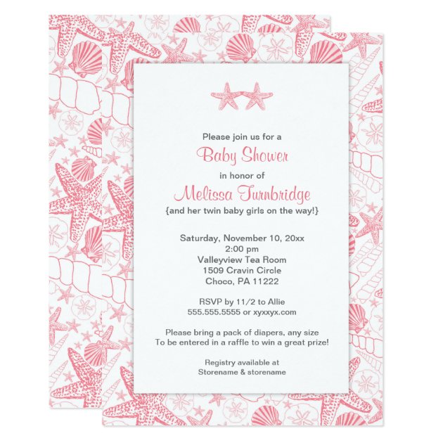 Pink Sea Shells Starfish Twin Girls Baby Shower Invitation