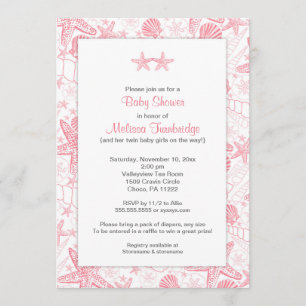 Pink Sea Shells Starfish Twin girls baby shower Invitation