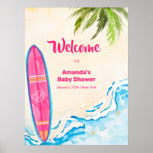 Pink Sea Surf Plam Tree Beach Baby Shower Welcome  Poster