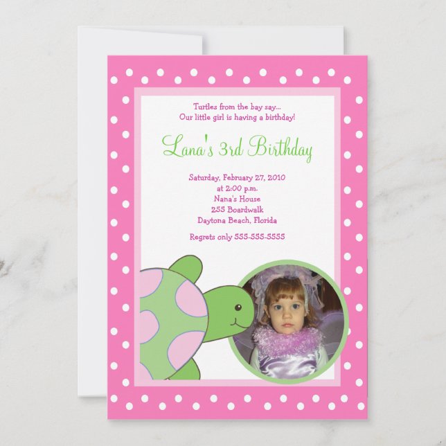 Pink Sea Turtle Tortoise *PHOTO* Birthday 5x7 Invitation (Front)