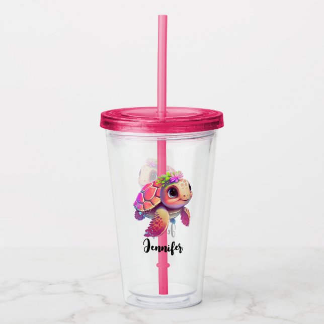 Pink Sea Turtle Whimsical & Cute Acrylic Tumbler (Front)