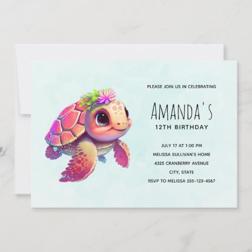 Pink Sea Turtle Whimsical  Cute Birthday Invitation