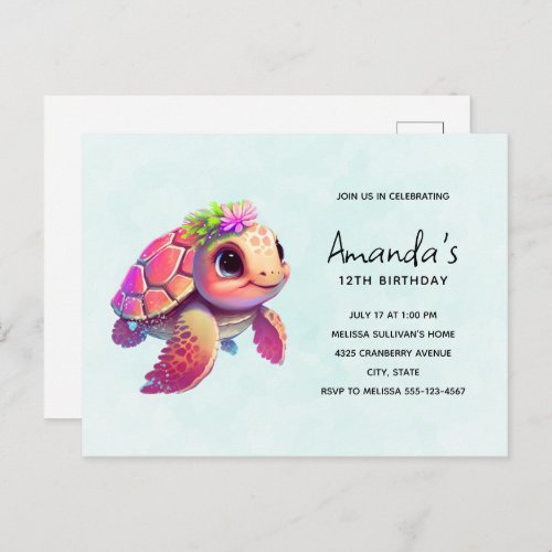 Pink Sea Turtle Whimsical  Cute Birthday Invitation Postcard