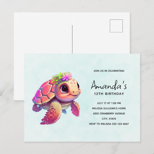 Pink Sea Turtle Whimsical & Cute Birthday Invitation Postcard (Front/Back)