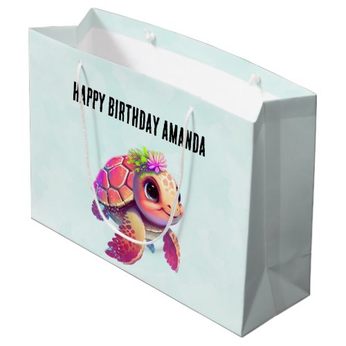 Pink Sea Turtle Whimsical  Cute Birthday Large Gift Bag