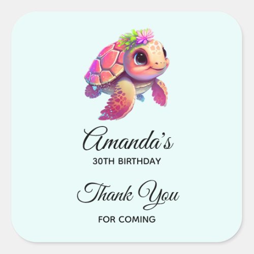 Pink Sea Turtle Whimsical  Cute Birthday Square Sticker