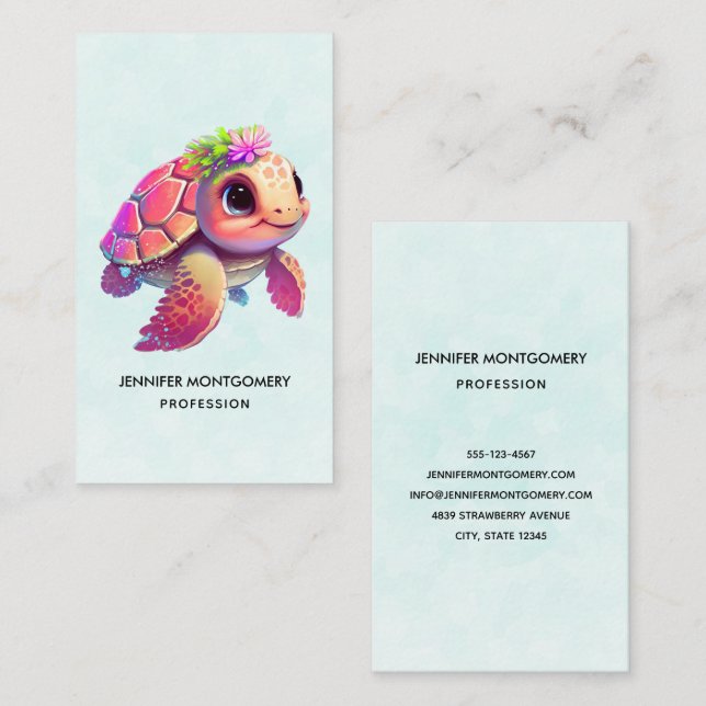 Pink Sea Turtle Whimsical & Cute Business Card (Front/Back)
