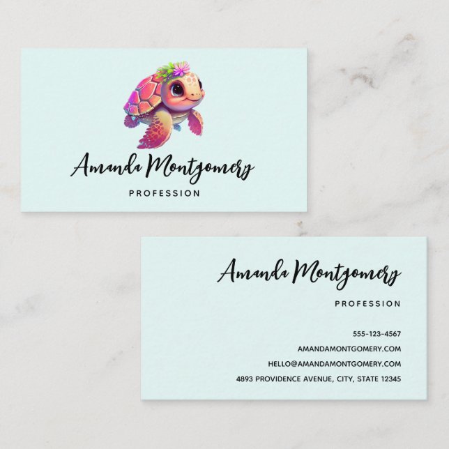 Pink Sea Turtle Whimsical & Cute Business Card (Front/Back)
