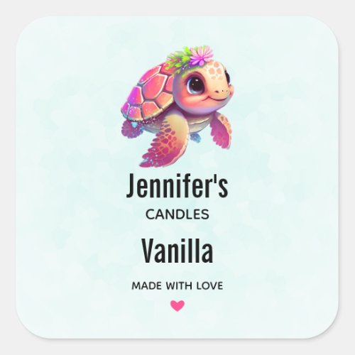 Pink Sea Turtle Whimsical  Cute _ Candle Business Square Sticker