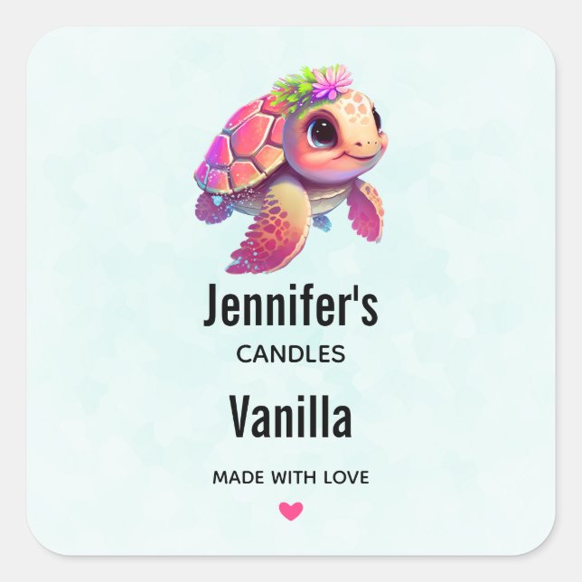 Pink Sea Turtle Whimsical & Cute - Candle Business Square Sticker (Front)