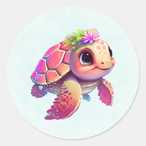 Pink Sea Turtle Whimsical  Cute Classic Round Sticker