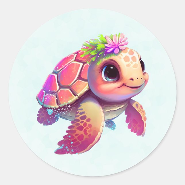 Pink Sea Turtle Whimsical & Cute Classic Round Sticker (Front)