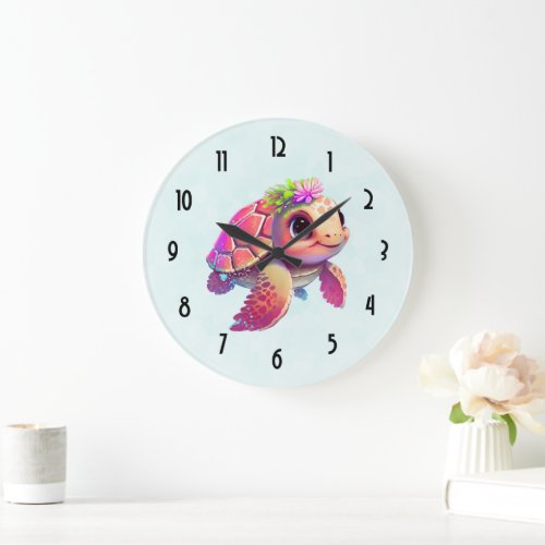 Pink Sea Turtle Whimsical  Cute Large Clock
