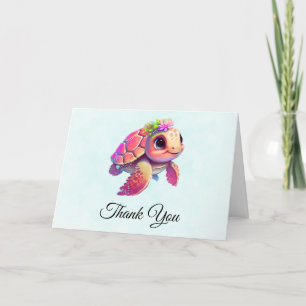 Pink Sea Turtle Whimsical & Cute Letterpress Thank You Card