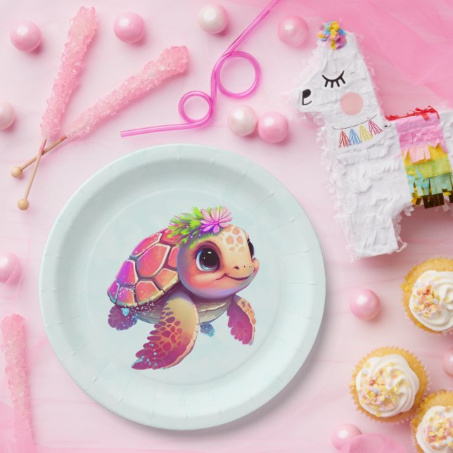 Pink Sea Turtle Whimsical & Cute Paper Plates (Party)
