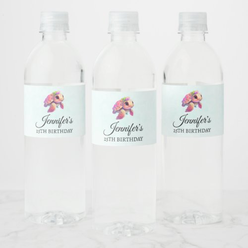 Pink Sea Turtle Whimsical  Cute Party Water Bottle Label