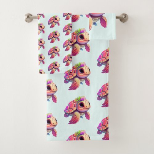 Pink Sea Turtle Whimsical  Cute Patterned Bath Towel Set