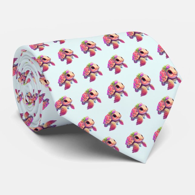 Pink Sea Turtle Whimsical & Cute Patterned Neck Tie (Rolled)
