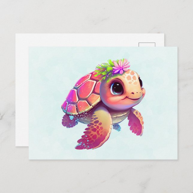 Pink Sea Turtle Whimsical & Cute Postcard (Front/Back)