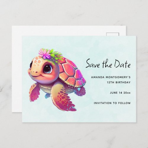 Pink Sea Turtle Whimsical  Cute Save the Date Invitation Postcard