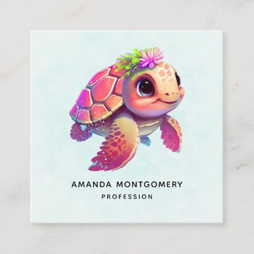 Pink Sea Turtle Whimsical  Cute Square Business Card