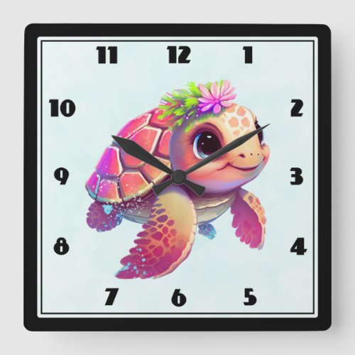 Pink Sea Turtle Whimsical  Cute Square Wall Clock