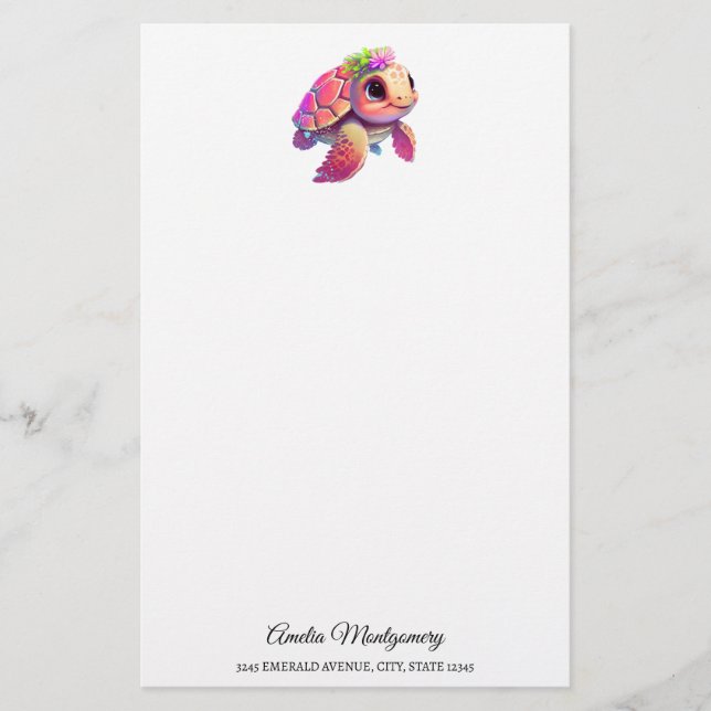 Pink Sea Turtle Whimsical & Cute Stationery (Front)