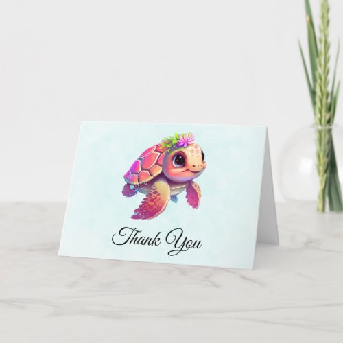 Pink Sea Turtle Whimsical  Cute Thank You Card