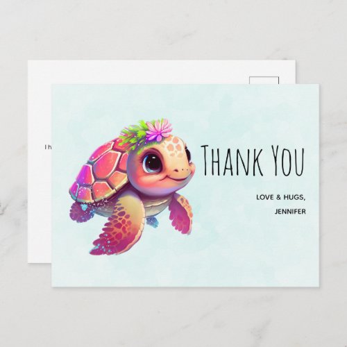 Pink Sea Turtle Whimsical  Cute Thank You Postcard