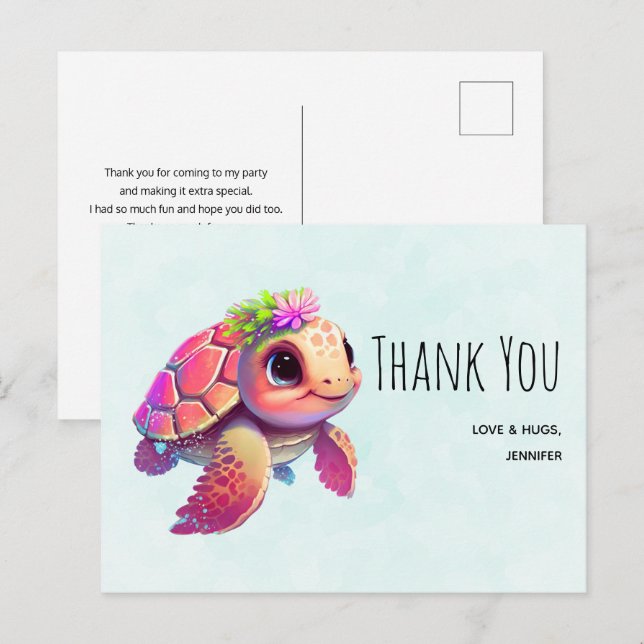 Pink Sea Turtle Whimsical & Cute Thank You Postcard (Front/Back)