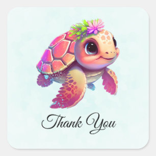 Pink Sea Turtle Whimsical & Cute Thank You Square Sticker