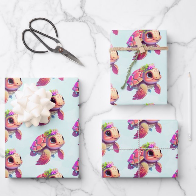 Pink Sea Turtle Whimsical & Cute Wrapping Paper Sheets (Front)