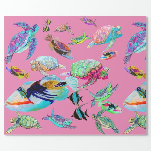 Pink Sea Turtles and Fish Wrapping Paper