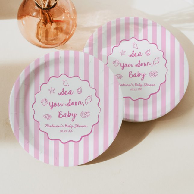 Pink Sea You Soon Baby Coastal Baby Shower Paper Plates (Creator Uploaded)