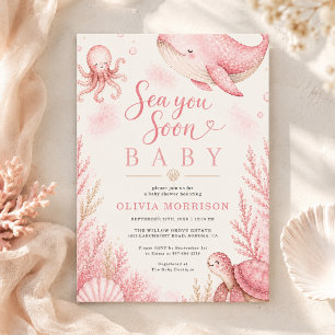 Pink Sea You Soon Baby Ocean Girl Baby Shower Invitation