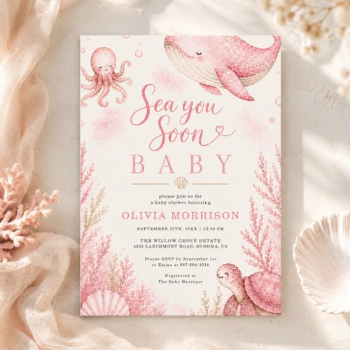 Pink Sea You Soon Baby Ocean Girl Baby Shower Invitation
