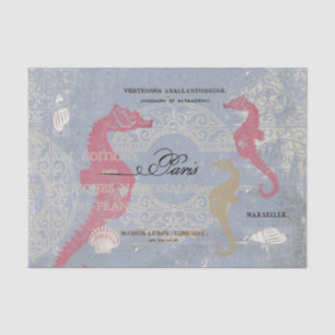 Pink Seahorse Sea Shell Blue French Decoupage Idea Tissue Paper