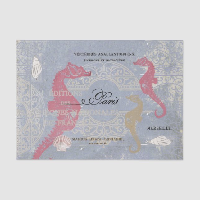 Pink Seahorse Sea Shell Blue French Decoupage Idea Tissue Paper (Front)