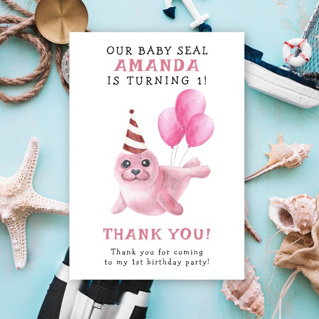 Pink Seal 1st Birthday Under The Sea Thank You Card (Creator Uploaded)