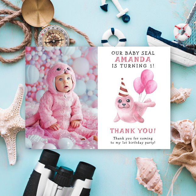 Pink Seal 1st Birthday Under The Sea Thank You Card (Creator Uploaded)