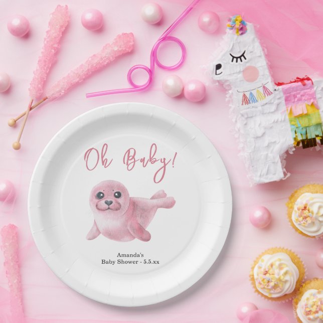 Pink Seal Baby Shower Paper Plates (Party)