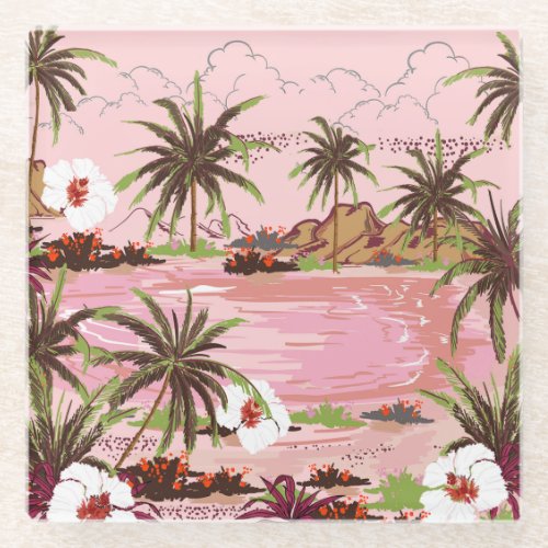 Pink Seas Tropical Isle and Palms Glass Coaster