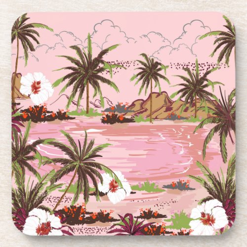 Pink Seas Tropical Isle Palms and Plants Plastic Beverage Coaster