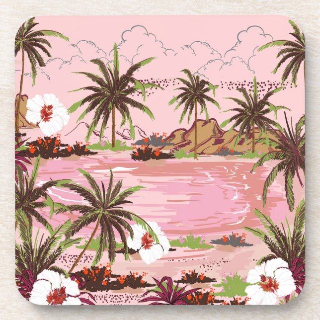 Pink Seas Tropical Isle Palms and Plants Plastic Beverage Coaster (Front)